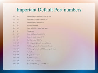 Important Default Port numbers
443 TCP Hypertext Transfer Protocol over TLS/SSL (HTTPS).
115 TCP Simple/secure File Transfer Protocol (SFTP).
80 TCP Hypertext Transfer Protocol (HTTP).
21 TCP FTP control (command).
22 TCP Secure Shell (SSH) — used for secure logins.
23 TCP Telnet protocol.
25 TCP Simple Mail Transfer Protocol (SMTP).
115 TCP Simple File Transfer Protocol (SFTP).
110 TCP Post Office Protocol v3 (POP3).
1414 TCP IBM WebSphere MQ (formerly known as MQSeries).
9060 TCP WebSphere Application Server Administration Console.
9080 TCP WebSphere Application Server HTTP Transport (port 1) default.
8080 TCP Apache Tomcat.
5432 TCP PostgreSQL database system.
3306 TCP MySQL database system.
1521 TCP Oracle database default listener.
7001 TCP Default for BEA WebLogic Server's HTTP server.
 