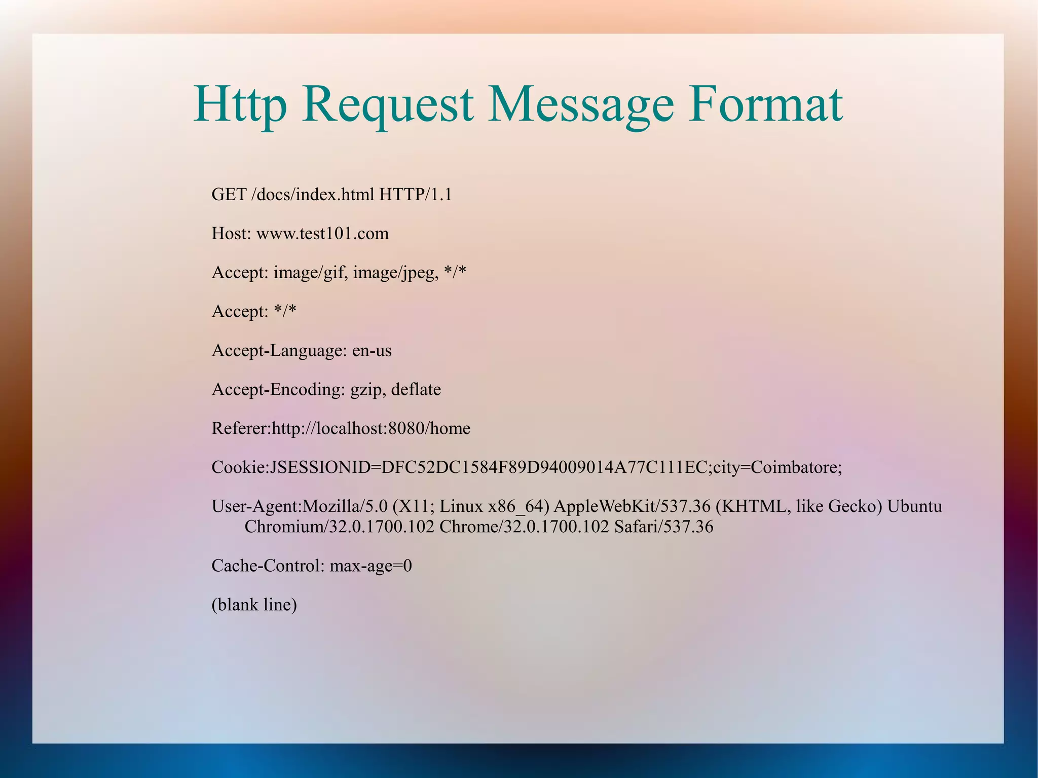 Http Request Message Format
GET /docs/index.html HTTP/1.1
Host: www.test101.com
Accept: image/gif, image/jpeg, */*
Accept: */*
Accept-Language: en-us
Accept-Encoding: gzip, deflate
Referer:http://localhost:8080/home
Cookie:JSESSIONID=DFC52DC1584F89D94009014A77C111EC;city=Coimbatore;
User-Agent:Mozilla/5.0 (X11; Linux x86_64) AppleWebKit/537.36 (KHTML, like Gecko) Ubuntu
Chromium/32.0.1700.102 Chrome/32.0.1700.102 Safari/537.36
Cache-Control: max-age=0
(blank line)

 