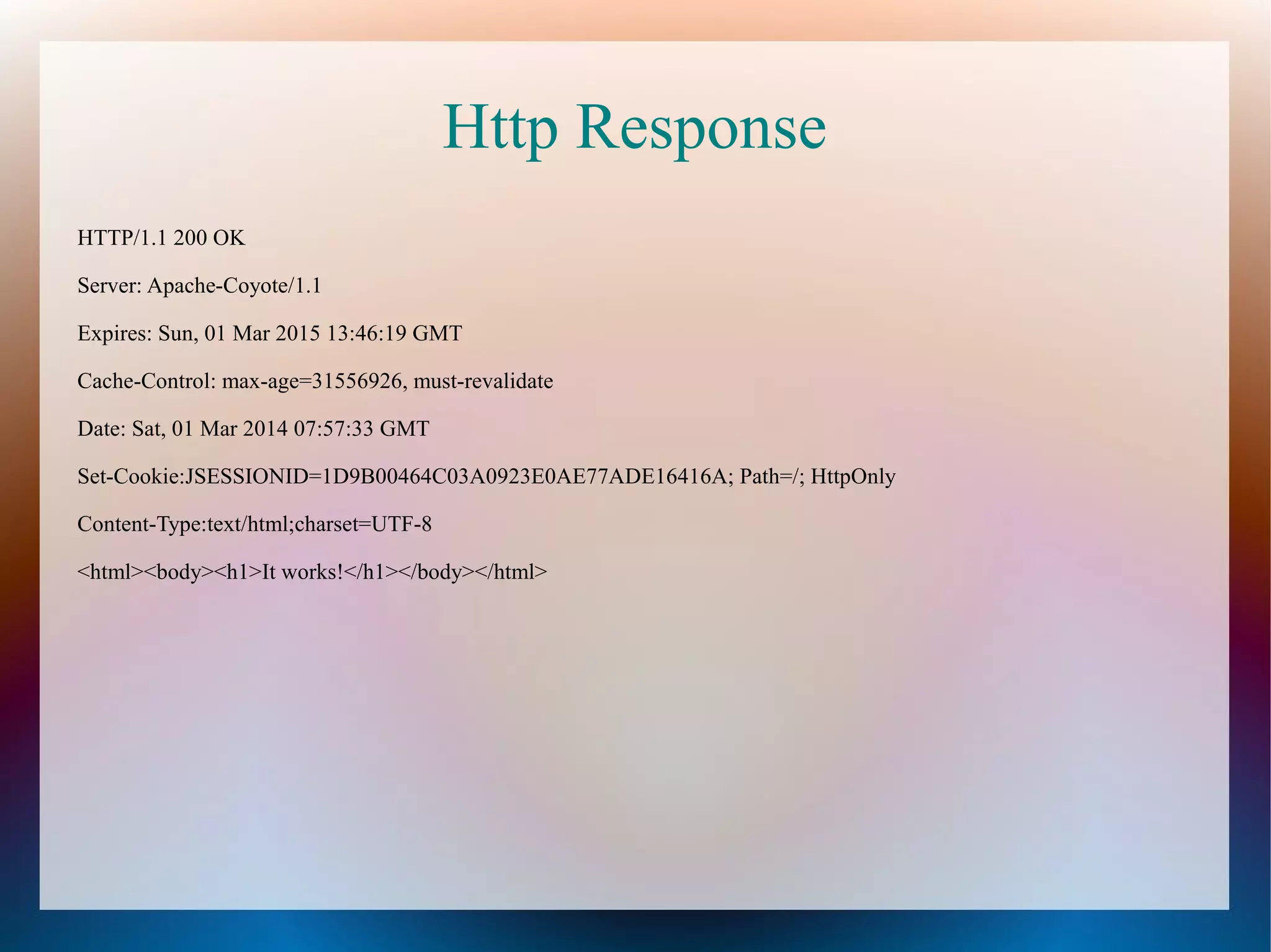 Http Response
HTTP/1.1 200 OK
Server: Apache-Coyote/1.1
Expires: Sun, 01 Mar 2015 13:46:19 GMT
Cache-Control: max-age=31556926, must-revalidate
Date: Sat, 01 Mar 2014 07:57:33 GMT
Set-Cookie:JSESSIONID=1D9B00464C03A0923E0AE77ADE16416A; Path=/; HttpOnly
Content-Type:text/html;charset=UTF-8
<html><body><h1>It works!</h1></body></html>

 