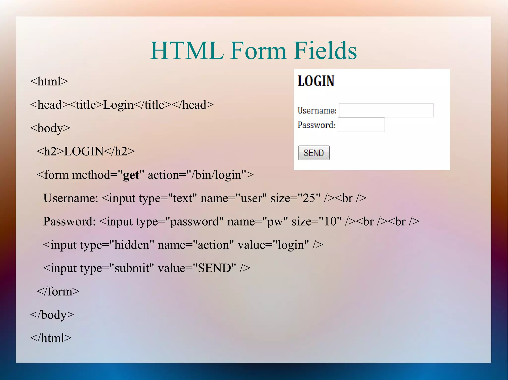 HTML Form Fields
<html>
<head><title>Login</title></head>
<body>
<h2>LOGIN</h2>
<form method="get" action="/bin/login">
Username: <input type="text" name="user" size="25" /><br />
Password: <input type="password" name="pw" size="10" /><br /><br />
<input type="hidden" name="action" value="login" />
<input type="submit" value="SEND" />
</form>
</body>
</html>

 