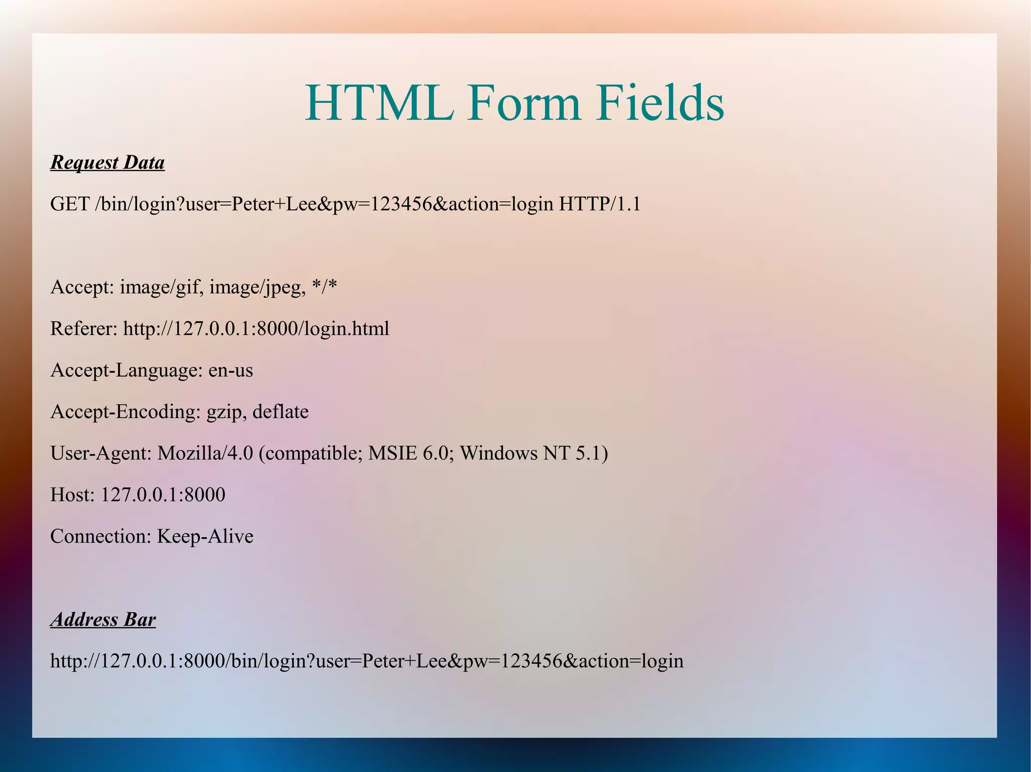 HTML Form Fields
Request Data
GET /bin/login?user=Peter+Lee&pw=123456&action=login HTTP/1.1

Accept: image/gif, image/jpeg, */*
Referer: http://127.0.0.1:8000/login.html
Accept-Language: en-us
Accept-Encoding: gzip, deflate
User-Agent: Mozilla/4.0 (compatible; MSIE 6.0; Windows NT 5.1)
Host: 127.0.0.1:8000
Connection: Keep-Alive

Address Bar
http://127.0.0.1:8000/bin/login?user=Peter+Lee&pw=123456&action=login

 