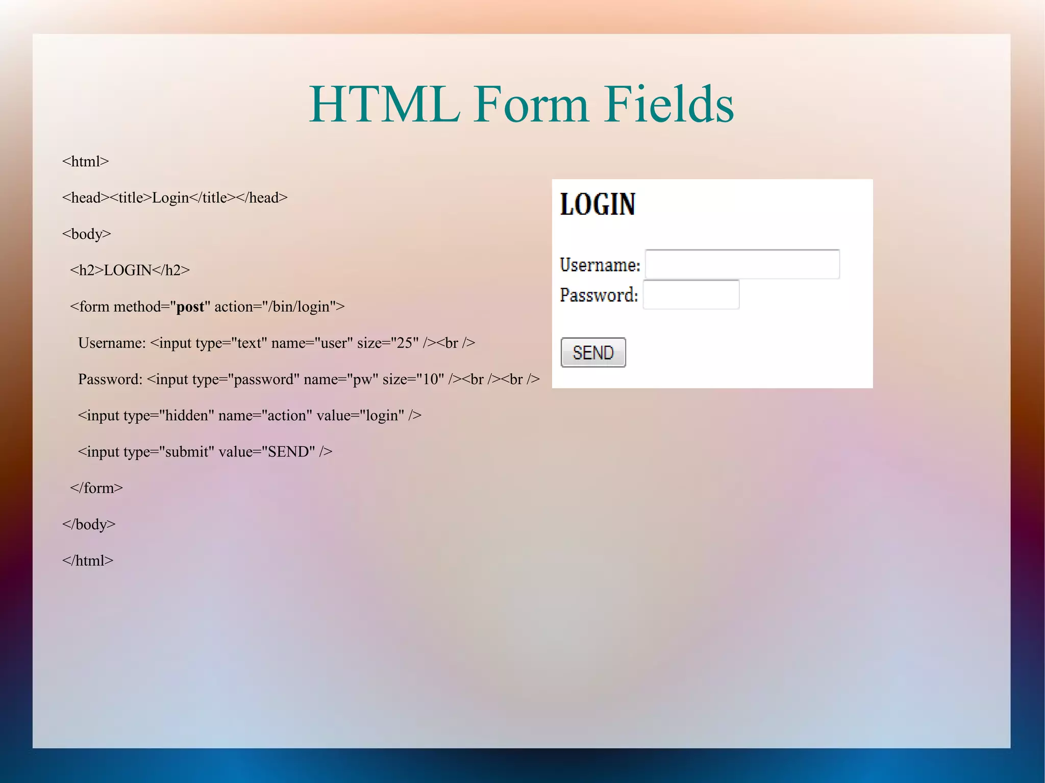 HTML Form Fields
<html>
<head><title>Login</title></head>
<body>
<h2>LOGIN</h2>
<form method="post" action="/bin/login">
Username: <input type="text" name="user" size="25" /><br />
Password: <input type="password" name="pw" size="10" /><br /><br />
<input type="hidden" name="action" value="login" />
<input type="submit" value="SEND" />
</form>
</body>
</html>

 