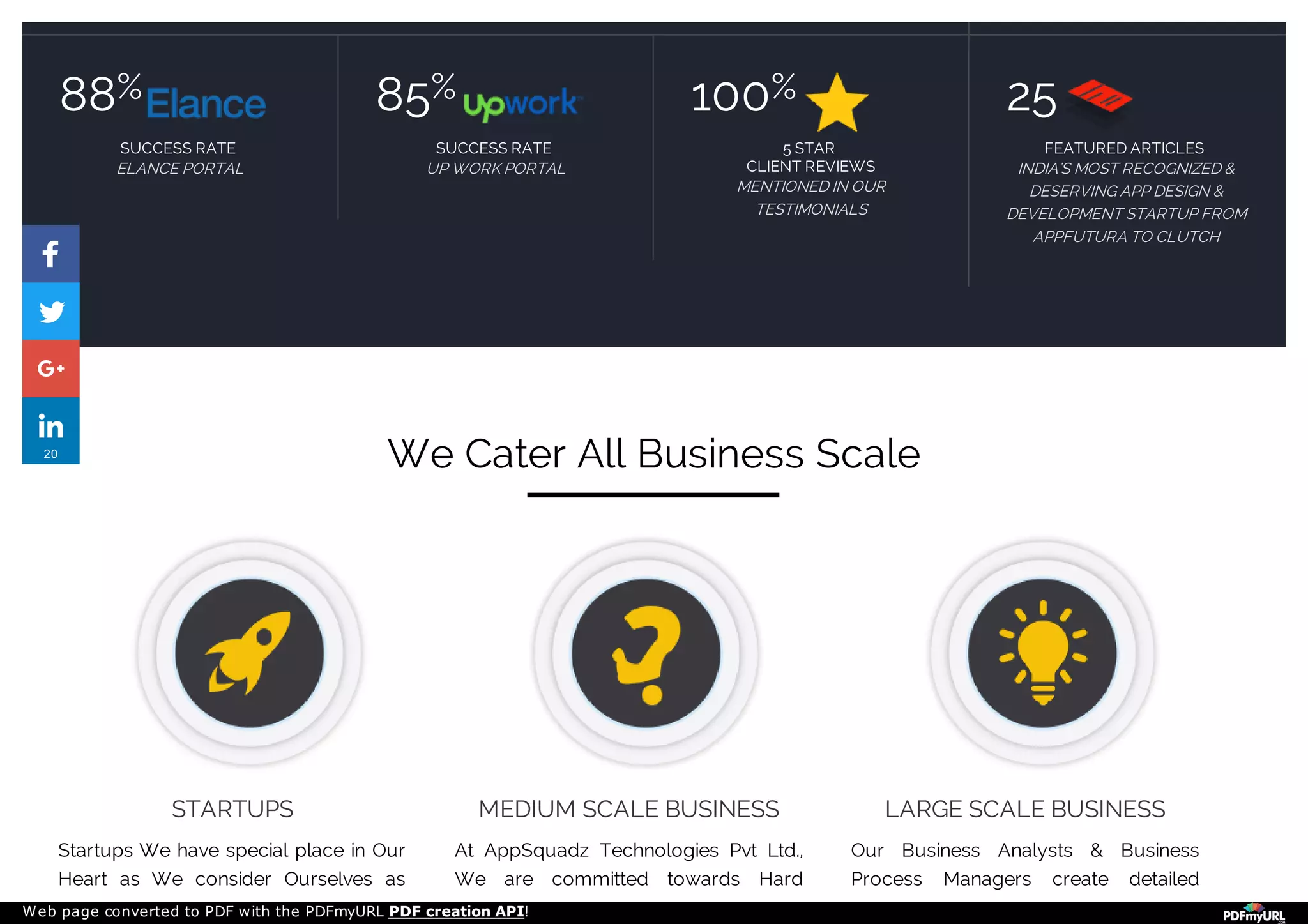 88
SUCCESS RATE
ELANCE PORTAL
85
SUCCESS RATE
UP WORK PORTAL
100
5 STAR
CLIENT REVIEWS
MENTIONED IN OUR
TESTIMONIALS
25
FEATURED ARTICLES
INDIA'S MOST RECOGNIZED &
DESERVING APP DESIGN &
DEVELOPMENT STARTUP FROM
APPFUTURA TO CLUTCH
% % %
We Cater All Business Scale
LARGE SCALE BUSINESS
Our Business Analysts & Business
Process Managers create detailed
MEDIUM SCALE BUSINESS
At AppSquadz Technologies Pvt Ltd.,
We are committed towards Hard
STARTUPS
Startups We have special place in Our
Heart as We consider Ourselves as
20
Web page converted to PDF with the PDFmyURL PDF creation API!
 