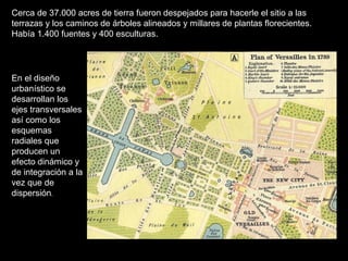 Cerca de 37.000 acres de tierra fueron despejados para hacerle el sitio a las
terrazas y los caminos de árboles alineados y millares de plantas florecientes.
Había 1.400 fuentes y 400 esculturas.
En el diseño
urbanístico se
desarrollan los
ejes transversales
así como los
esquemas
radiales que
producen un
efecto dinámico y
de integración a la
vez que de
dispersión.
 