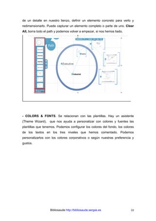 Bibliosaude http://bibliosaude.sergas.es 10
de un detalle en nuestro lienzo, definir un elemento concreto para verlo y
redimensionarlo. Puede capturar un elemento completo o parte de uno. Clear
All, borra todo el path y podemos volver a empezar, si nos hemos liado.
- COLORS & FONTS. Se relacionan con las plantillas. Hay un asistente
(Theme Wizard), que nos ayuda a personalizar con colores y fuentes las
plantillas que tenemos. Podemos configurar los colores del fondo, los colores
de los textos en los tres niveles que hemos comentado. Podemos
personalizarlos con los colores corporativos o según nuestras preferencia y
gustos.
 
