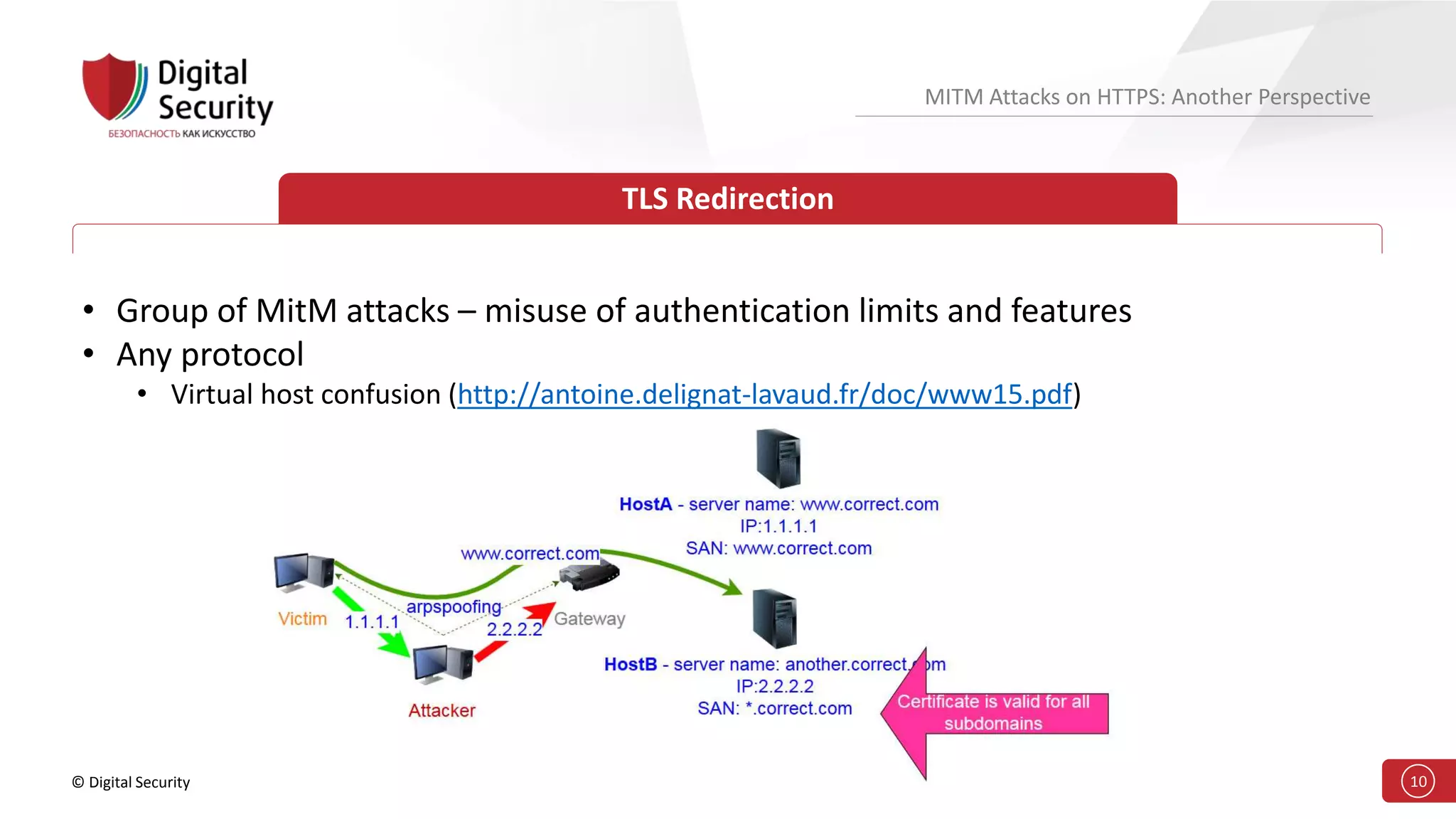 © Digital Security 10
MITM Attacks on HTTPS: Another Perspective
TLS Redirection
• Group of MitM attacks – misuse of authentication limits and features
• Any protocol
• Virtual host confusion (http://antoine.delignat-lavaud.fr/doc/www15.pdf)
 