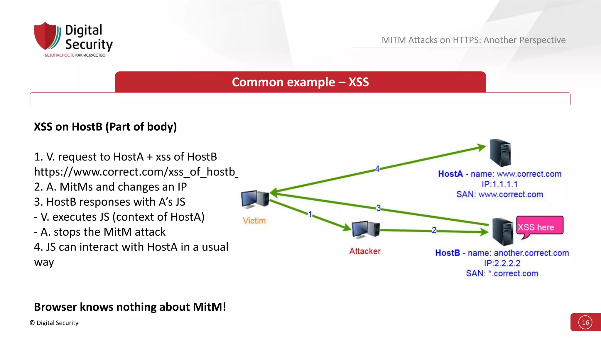 © Digital Security 16
MITM Attacks on HTTPS: Another Perspective
Common example – XSS
XSS on HostB (Part of body)
1. V. request to HostA + xss of HostB
https://www.correct.com/xss_of_hostb_here
2. A. MitMs and changes an IP
3. HostB responses with A’s JS
- V. executes JS (context of HostA)
- A. stops the MitM attack
4. JS can interact with HostA in a usual
way
Browser knows nothing about MitM!
 