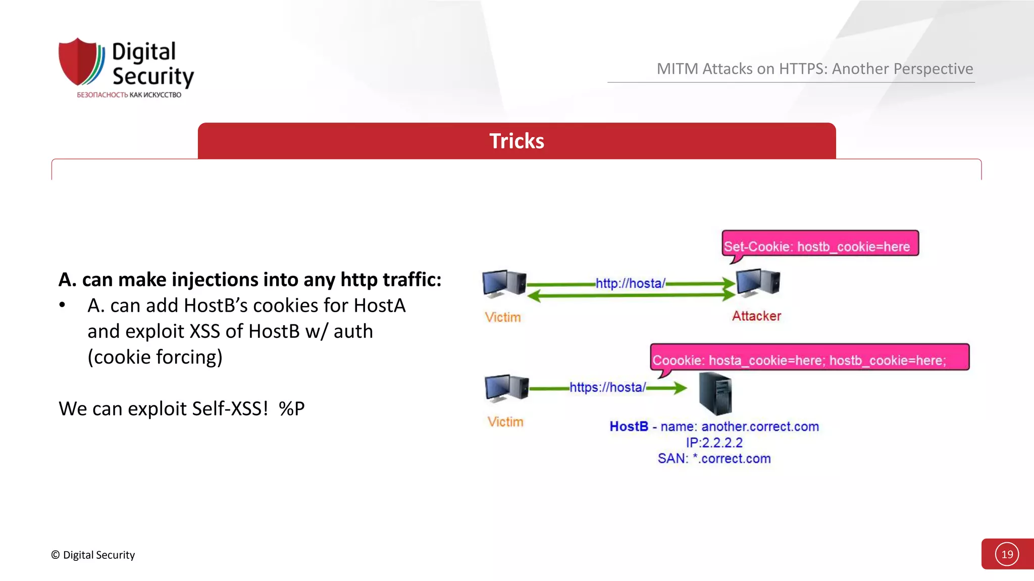 © Digital Security 19
MITM Attacks on HTTPS: Another Perspective
Tricks
A. can make injections into any http traffic:
• A. can add HostB’s cookies for HostA
and exploit XSS of HostB w/ auth
(cookie forcing)
We can exploit Self-XSS! %P
 
