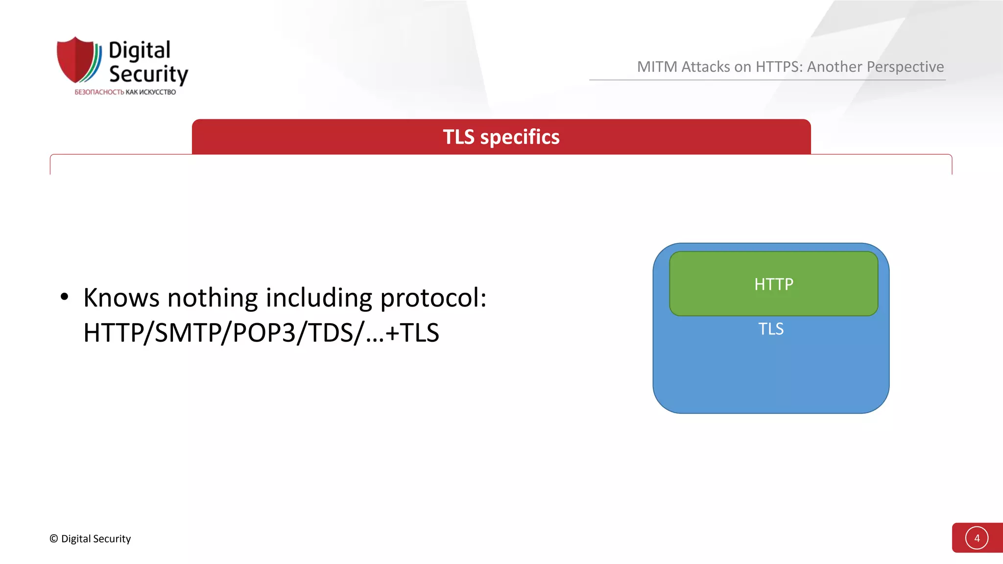 © Digital Security 4
MITM Attacks on HTTPS: Another Perspective
TLS specifics
• Knows nothing including protocol:
HTTP/SMTP/POP3/TDS/…+TLS TLS
HTTP
 