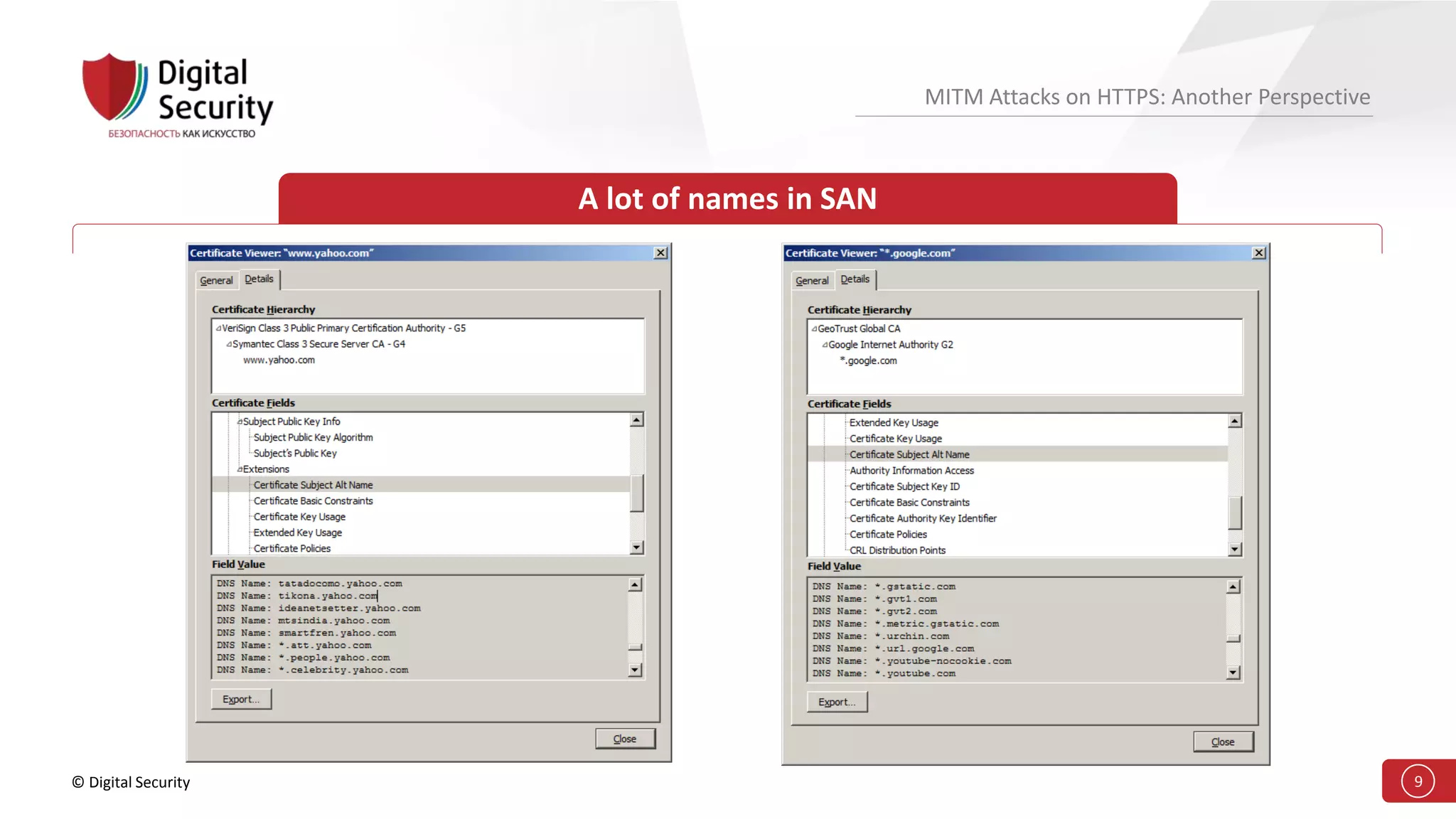 © Digital Security 9
MITM Attacks on HTTPS: Another Perspective
A lot of names in SAN
 
