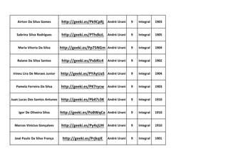 Airton Da Silva Gomes http://geeki.es/Pk9CpRj André Urani 9 Integral 1903
Sabrina Silva Rodrigues http://geeki.es/PThdkzL André Urani 9 Integral 1905
Maria Vitoria Da Silva http://geeki.es/Pp75NGm André Urani 9 Integral 1904
Raiane Da Silva Santos http://geeki.es/PxbRic4 André Urani 9 Integral 1902
Irineu Lira De Moraes Junior http://geeki.es/PYAyUaS André Urani 9 Integral 1904
Pamela Ferreira Da Silva http://geeki.es/PK7rycw André Urani 9 Integral 1903
Juan Lucas Dos Santos Antunes http://geeki.es/Pb47z3K André Urani 9 Integral 1910
Igor De Oliveira Silva http://geeki.es/PoBWqCa André Urani 9 Integral 1910
Marcos Vinicius Gonçalves http://geeki.es/Py4sjUH André Urani 9 Integral 1910
José Paulo Da Silva França http://geeki.es/PrjkqiE André Urani 9 Integral 1901
 