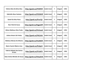 Vitória Aline De Brito Silva http://geeki.es/PYSP9YF André Urani 7 Integral 1702
Gabrielle Alves Caetano http://geeki.es/P55SKHP André Urani 7 Integral 1702
Daniel Da Silva Paiva http://geeki.es/PrxrYj2 André Urani 7 Integral 1703
Rian Felix De Sousa http://geeki.es/PqgwAPT André Urani 7 Integral 1702
Allison Matheus Silva Prado http://geeki.es/PoVeaaS André Urani 7 Integral 1703
Juliana Antero De Freitas http://geeki.es/P4LZoth André Urani 7 Integral 1702
Matheus Moraes De Oliveira http://geeki.es/PwABJXT André Urani 7 Integral 1703
Maria Yasmin Ribeiro Lima http://geeki.es/PL4qtrE André Urani 7 Integral 1702
Fabrícia Rafaela Dos Santos
Arraes
http://geeki.es/Pr5akYt André Urani 7 Integral 1703
Kely Cristina Mendes De Souza http://geeki.es/PdoyGVA André Urani 7 Integral 1702
 