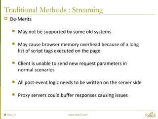 Traditional Methods : Streaming
 De-Merits
 May not be supported by some old systems
 May cause browser memory overhead because of a long
list of script tags executed on the page
 Client is unable to send new request parameters in
normal scenarios
 All post-event logic needs to be written on the server side
 Proxy servers could buffer responses causing issues
 