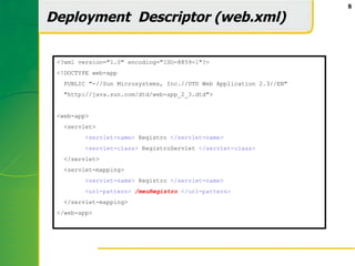 8
Deployment Descriptor (web.xml)

 <?xml version="1.0" encoding="ISO-8859-1"?>
 <!DOCTYPE web-app
   PUBLIC "-//Sun Microsystems, Inc.//DTD Web Application 2.3//EN"
   "http://java.sun.com/dtd/web-app_2_3.dtd">


 <web-app>
   <servlet>
         <servlet-name> Registro </servlet-name>
         <servlet-class> RegistroServlet </servlet-class>
   </servlet>
   <servlet-mapping>
         <servlet-name> Registro </servlet-name>
         <url-pattern> /meuRegistro </url-pattern>
   </servlet-mapping>
 </web-app>
 