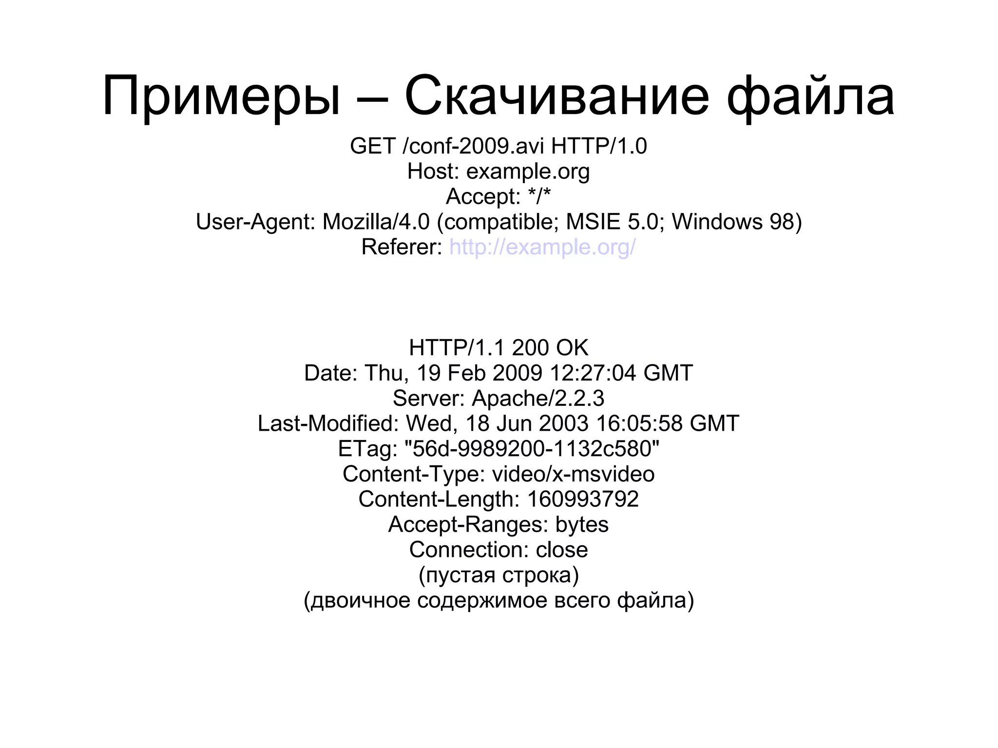 Примеры – Скачивание файла
                 GET /conf-2009.avi HTTP/1.0
                        Host: example.org
                            Accept: */*
   User-Agent: Mozilla/4.0 (compatible; MSIE 5.0; Windows 98)
                  Referer: http://example.org/



                       HTTP/1.1 200 OK
            Date: Thu, 19 Feb 2009 12:27:04 GMT
                     Server: Apache/2.2.3
        Last-Modified: Wed, 18 Jun 2003 16:05:58 GMT
               ETag: "56d-9989200-1132c580"
               Content-Type: video/x-msvideo
                 Content-Length: 160993792
                     Accept-Ranges: bytes
                       Connection: close
                        (пустая строка)
            (двоичное содержимое всего файла)
 