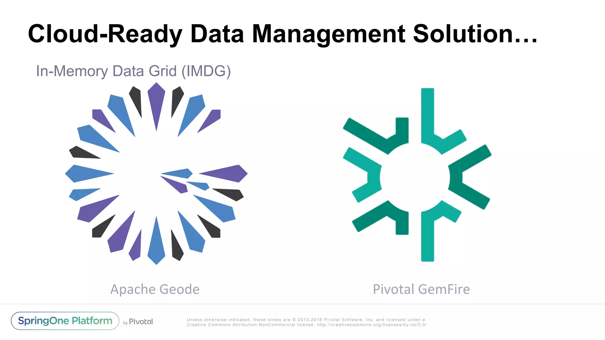 Unless otherwise indicated, these slides are © 2013-2016 Pivotal Software, Inc. and licensed under a
Creative Commons Attribution-NonCommercial license: http://creativecommons.org/licenses/by-nc/3.0/
Cloud-Ready Data Management Solution…
In-Memory Data Grid (IMDG)
Apache	Geode	 Pivotal	GemFire	
 