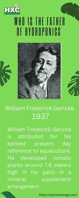 WHO IS THE FATHER
OF HYDROPONICS
William Frederick Gericke
1937
William Frederick Gericke
is attributed for his
earliest present day
reference to aquaculture.
He developed tomato
plants around 7.6 meters
high in his patio in a
mineral supplement
arrangement.
https://hydroxchange.com/
 