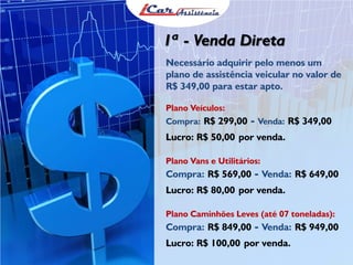 1ª - Venda Direta
Necessário adquirir pelo menos um
plano de assistência veicular no valor de
R$ 349,00 para estar apto.
Plano Veículos:
Compra: R$ 299,00 - Venda: R$ 349,00
Lucro: R$ 50,00 por venda.
Plano Vans e Utilitários:
Compra: R$ 569,00 - Venda: R$ 649,00
Lucro: R$ 80,00 por venda.
Plano Caminhões Leves (até 07 toneladas):
Compra: R$ 849,00 - Venda: R$ 949,00
Lucro: R$ 100,00 por venda.
 