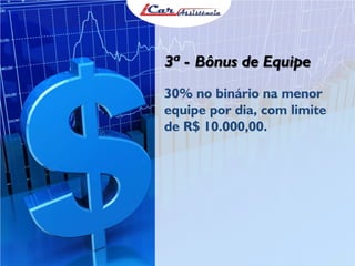3ª - Bônus de Equipe
30% no binário na menor
equipe por dia, com limite
de R$ 10.000,00.
 