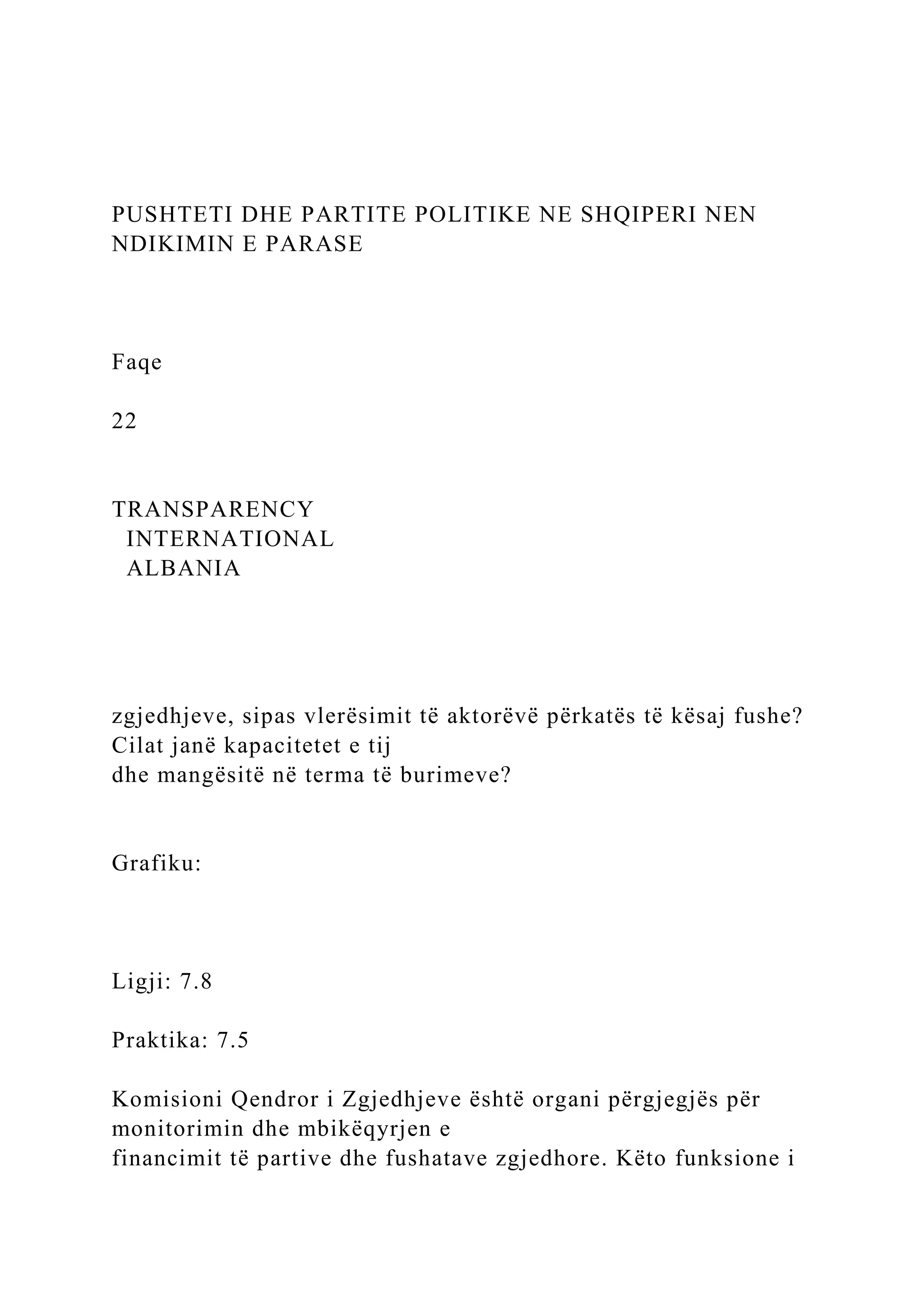 PUSHTETI DHE PARTITE POLITIKE NE SHQIPERI NEN
NDIKIMIN E PARASE
Faqe
22
TRANSPARENCY
INTERNATIONAL
ALBANIA
zgjedhjeve, sipas vlerësimit të aktorëvë përkatës të kësaj fushe?
Cilat janë kapacitetet e tij
dhe mangësitë në terma të burimeve?
Grafiku:
Ligji: 7.8
Praktika: 7.5
Komisioni Qendror i Zgjedhjeve është organi përgjegjës për
monitorimin dhe mbikëqyrjen e
financimit të partive dhe fushatave zgjedhore. Këto funksione i
 