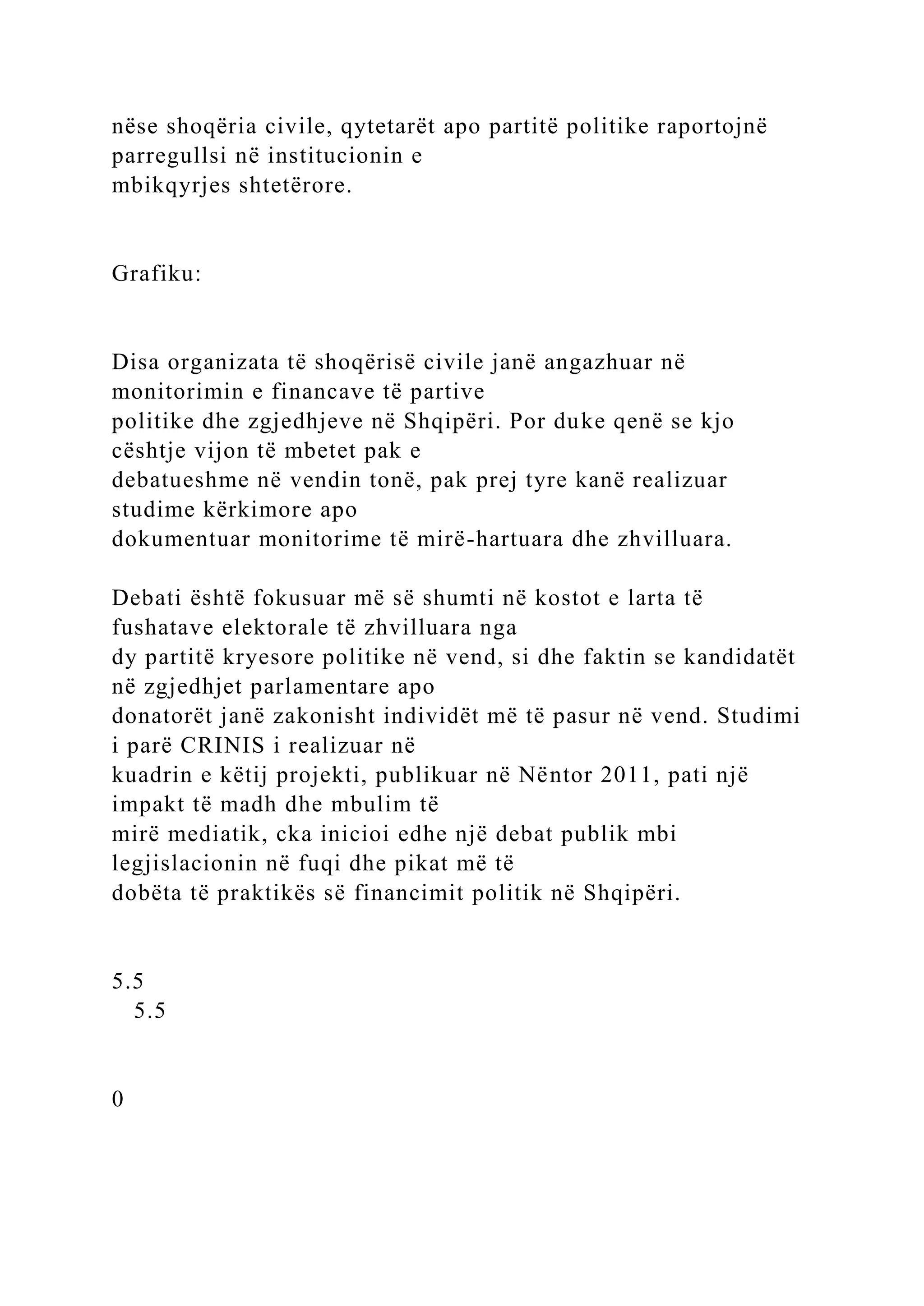 nëse shoqëria civile, qytetarët apo partitë politike raportojnë
parregullsi në institucionin e
mbikqyrjes shtetërore.
Grafiku:
Disa organizata të shoqërisë civile janë angazhuar në
monitorimin e financave të partive
politike dhe zgjedhjeve në Shqipëri. Por duke qenë se kjo
cështje vijon të mbetet pak e
debatueshme në vendin tonë, pak prej tyre kanë realizuar
studime kërkimore apo
dokumentuar monitorime të mirë-hartuara dhe zhvilluara.
Debati është fokusuar më së shumti në kostot e larta të
fushatave elektorale të zhvilluara nga
dy partitë kryesore politike në vend, si dhe faktin se kandidatët
në zgjedhjet parlamentare apo
donatorët janë zakonisht individët më të pasur në vend. Studimi
i parë CRINIS i realizuar në
kuadrin e këtij projekti, publikuar në Nëntor 2011, pati një
impakt të madh dhe mbulim të
mirë mediatik, cka inicioi edhe një debat publik mbi
legjislacionin në fuqi dhe pikat më të
dobëta të praktikës së financimit politik në Shqipëri.
5.5
5.5
0
 
