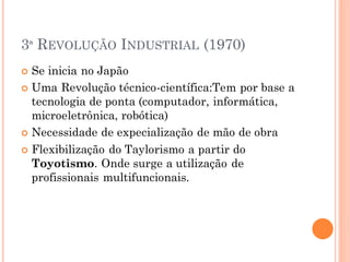 3ª REVOLUÇÃO INDUSTRIAL (1970)
 Se inicia no Japão
 Uma Revolução técnico-científica:Tem por base a
tecnologia de ponta (computador, informática,
microeletrônica, robótica)
 Necessidade de expecialização de mão de obra
 Flexibilização do Taylorismo a partir do
Toyotismo. Onde surge a utilização de
profissionais multifuncionais.
 