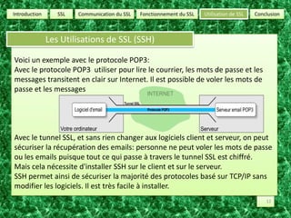 SSLUtilisation de SSLConclusionCommunication du SSLFonctionnement du SSLIntroductionLes Utilisations de SSL (SSH)Voici un exemple avec le protocole POP3:Avec le protocole POP3  utiliser pour lire le courrier, les mots de passe et les messages transitent en clair sur Internet. Il est possible de voler les mots de passe et les messagesAvec le tunnel SSL, et sans rien changer aux logiciels client et serveur, on peut sécuriser la récupération des emails: personne ne peut voler les mots de passe ou les emails puisque tout ce qui passe à travers le tunnel SSL est chiffré.Mais cela nécessite d'installer SSH sur le client et sur le serveur.SSH permet ainsi de sécuriser la majorité des protocoles basé sur TCP/IP sans modifier les logiciels. Il est très facile à installer.12