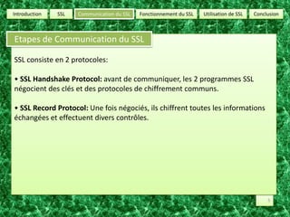 SSLUtilisation de SSLConclusionCommunication du SSLFonctionnement du SSLIntroductionEtapes de Communication du SSLSSL consiste en 2 protocoles:• SSL Handshake Protocol: avant de communiquer, les 2 programmes SSL négocient des clés et des protocoles de chiffrement communs. • SSL Record Protocol: Une fois négociés, ils chiffrent toutes les informations échangées et effectuent divers contrôles. 5