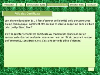 SSLUtilisation de SSLConclusionCommunication du SSLFonctionnement du SSLIntroductionRôle des CertificatsLors d'une négociation SSL, il faut s'assurer de l'identité de la personne avec qui on communique. Comment être sûr que le serveur auquel on parle est bien celui qu'il prétend être ?C'est là qu'interviennent les certificats. Au moment de connexion sur un serveur web sécurisé, ce dernier nous enverra un certificat contenant le nom de l'entreprise, son adresse, etc. C'est une sorte de pièce d'identité.7