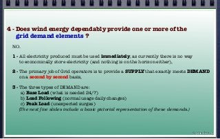 4 - Does wind energy dependably provide one or more of the
grid demand elements ?
NO.
1 - All electricity produced must be used immediately, as currently there is no way
to economically store electricity (and nothing is on the horizon either),
2 - The primary job of Grid operators is to provide a SUPPLY that exactly meets DEMAND
on a second by second basis,
3 - The three types of DEMAND are:
a) Base Load (what is needed 24/7)
b) Load Following (normal usage daily changes)
c) Peak Load (unexpected surges)
(The next five slides include a basic pictorial representation of these demands.)
© john droz, jr.
 