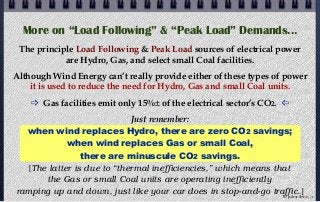 More on “Load Following” & “Peak Load” Demands...
The principle Load Following & Peak Load sources of electrical power
are Hydro, Gas, and select small Coal facilities.
Although Wind Energy can’t really provide either of these types of power
it is used to reduce the need for Hydro, Gas and small Coal units.
 Gas facilities emit only 15%± of the electrical sector’s CO2. 
Just remember:
when wind replaces Hydro, there are zero CO2 savings;
when wind replaces Gas or small Coal,
there are minuscule CO2 savings.
[The latter is due to “thermal inefficiencies,” which means that
the Gas or small Coal units are operating inefficiently
ramping up and down, just like your car does in stop-and-go traffic.]
© john droz, jr.
 