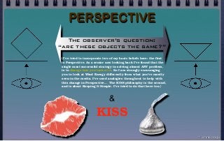 &
KISS
The observer’s question:
“are these objects the same?”
PERSPECTIVE
© john droz, jr.
{I’ve tried to incorporate two of my basic beliefs here: the first
is Perspective. As a senior now looking back I’ve found that the
single most successful strategy in solving almost ANY problem,
is to change how you look at it. So I am strongly encouraging
you to look at Wind Energy differently from what you’ve mostly
seen in the media. I’ve used analogies throughout to help with
this change in Perspective... The KISS philosophy is the second,
and is about Keeping It Simple. I’ve tried to do that here too.}
 
