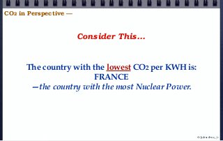 Consider This...
The country with the lowest CO2 per KWH is:
FRANCE
—the country with the most Nuclear Power.
CO2 in Perspective —
© john droz, jr.
 
