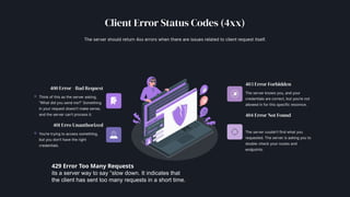 429 Error Too Many Requests
its a server way to say “slow down. It indicates that
the client has sent too many requests in a short time.
 