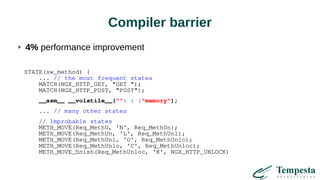 Compiler barrier
STATE(sw_method) {
... // the most frequent states
MATCH(NGX_HTTP_GET, "GET ");
MATCH(NGX_HTTP_POST, "POST");
__asm__ __volatile__("": : :"memory");
... // many other states
// Improbable states
METH_MOVE(Req_MethU, 'N', Req_MethUn);
METH_MOVE(Req_MethUn, 'L', Req_MethUnl);
METH_MOVE(Req_MethUnl, 'O', Req_MethUnlo);
METH_MOVE(Req_MethUnlo, 'C', Req_MethUnloc);
METH_MOVE_finish(Req_MethUnloc, 'K', NGX_HTTP_UNLOCK)
4% performance improvement
 
