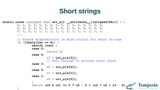Short strings
static const unsigned char uri_a[] __attribute__((aligned(64))) = {
0, 0, 0, 0, 0, 0, 0, 0, 0, 0, 0, 0, 0, 0, 0, 0,
0, 0, 0, 0, 0, 0, 0, 0, 0, 0, 0, 0, 0, 0, 0, 0,
0, 1, 0, 1, 1, 1, 1, 1, 1, 1, 1, 1, 1, 1, 1, 1,
...
// Branch misprediction is more crucial for short strings
if (likely(len <= 4)) {
switch (len) {
case 0:
return 0;
case 4:
c3 = uri_a[s[3]];
// fall through to process other chars
case 3:
c2 = uri_a[s[2]];
case 2:
c1 = uri_a[s[1]];
case 1:
c0 = uri_a[s[0]];
}
return (c0 & c1) == 0 ? c0 : 2 + (c2 ? c2 + c3 : 0);
}
 