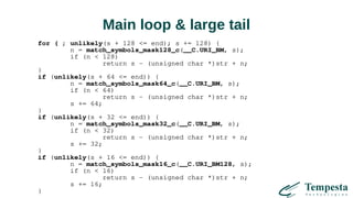 Main loop & large tail
for ( ; unlikely(s + 128 <= end); s += 128) {
n = match_symbols_mask128_c(__C.URI_BM, s);
if (n < 128)
return s - (unsigned char *)str + n;
}
if (unlikely(s + 64 <= end)) {
n = match_symbols_mask64_c(__C.URI_BM, s);
if (n < 64)
return s - (unsigned char *)str + n;
s += 64;
}
if (unlikely(s + 32 <= end)) {
n = match_symbols_mask32_c(__C.URI_BM, s);
if (n < 32)
return s - (unsigned char *)str + n;
s += 32;
}
if (unlikely(s + 16 <= end)) {
n = match_symbols_mask16_c(__C.URI_BM128, s);
if (n < 16)
return s - (unsigned char *)str + n;
s += 16;
}
 