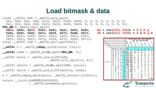 Load bitmask & data
const __m256i ARF = _mm256_setr_epi8(
0x1, 0x2, 0x4, 0x8, 0x10, 0x20, 0x40, 0x80, 0, 0, 0, 0, 0, 0, 0, 0,
0x1, 0x2, 0x4, 0x8, 0x10, 0x20, 0x40, 0x80, 0, 0, 0, 0, 0, 0, 0, 0);
URI_BM = _mm256_setr_epi8(
0xb8, 0xfc, 0xf8, 0xfc, 0xfc, 0xfc, 0xfc, 0xfc, b8 = inv(1011 1000) = 0 @ P p
0xfc, 0xfc, 0xfc, 0x7c, 0x54, 0x7c, 0xd4, 0x7c, f8 = inv(1111 1000) = 2 B R q R
0xb8, 0xfc, 0xf8, 0xfc, 0xfc, 0xfc, 0xfc, 0xfc,
0xfc, 0xfc, 0xfc, 0x7c, 0x54, 0x7c, 0xd4, 0x7c);
const __m256i LSH = _mm256_set1_epi8(0xf);
__m256i v = _mm256_lddqu_si256((void *)str);
__m256i acbm = _mm256_shuffle_epi8(URI_BM, v);
__m256i acols = _mm256_and_si256(LSH,
_mm256_srli_epi16(v, 4));
__m256i arbits = _mm256_shuffle_epi8(ARF, acols);
__m256i sbits = _mm256_and_si256(arbits, acbm);
v = _mm256_cmpeq_epi8(sbits, _mm256_setzero_si256());
return __tzcnt(0xffffffff00000000UL
| _mm256_movemask_epi8(v));
 