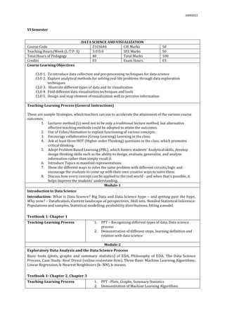 03092022
VI Semester
DATA SCIENCE AND VISUALIZATION
Course Code 21CS644 CIE Marks 50
Teaching Hours/Week (L:T:P: S) 3:0:0:0 SEE Marks 50
Total Hours of Pedagogy 40 Total Marks 100
Credits 03 Exam Hours 03
Course Learning Objectives
CLO 1. To introduce data collection and pre-processing techniques for data science
CLO 2. Explore analytical methods for solving real life problems through data exploration
techniques
CLO 3. Illustrate different types of data and its visualization
CLO 4. Find different data visualization techniques and tools
CLO 5. Design and map element of visualization well to perceive information
Teaching-Learning Process (General Instructions)
These are sample Strategies, which teachers can use to accelerate the attainment of the various course
outcomes.
1. Lecturer method (L) need not to be only a traditional lecture method, but alternative
effective teaching methods could be adopted to attain the outcomes.
2. Use of Video/Animation to explain functioning of various concepts.
3. Encourage collaborative (Group Learning) Learning in the class.
4. Ask at least three HOT (Higher order Thinking) questions in the class, which promotes
critical thinking.
5. Adopt Problem Based Learning (PBL), which fosters students’ Analytical skills, develop
design thinking skills such as the ability to design, evaluate, generalize, and analyze
information rather than simply recall it.
6. Introduce Topics in manifold representations.
7. Show the different ways to solve the same problem with different circuits/logic and
encourage the students to come up with their own creative ways to solve them.
8. Discuss how every concept can be applied to the real world - and when that's possible, it
helps improve the students' understanding.
Module-1
Introduction to Data Science
Introduction: What is Data Science? Big Data and Data Science hype – and getting past the hype,
Why now? – Datafication, Current landscape of perspectives, Skill sets. Needed Statistical Inference:
Populations and samples, Statistical modelling, probability distributions, fitting a model.
Textbook 1: Chapter 1
Teaching-Learning Process 1. PPT – Recognizing different types of data, Data science
process
2. Demonstration of different steps, learning definition and
relation with data science
Module-2
Exploratory Data Analysis and the Data Science Process
Basic tools (plots, graphs and summary statistics) of EDA, Philosophy of EDA, The Data Science
Process, Case Study: Real Direct (online realestate firm). Three Basic Machine Learning Algorithms:
Linear Regression, k-Nearest Neighbours (k- NN), k-means.
Textbook 1: Chapter 2, Chapter 3
Teaching-Learning Process 1. PPT –Plots, Graphs, Summary Statistics
2. Demonstration of Machine Learning Algorithms
 