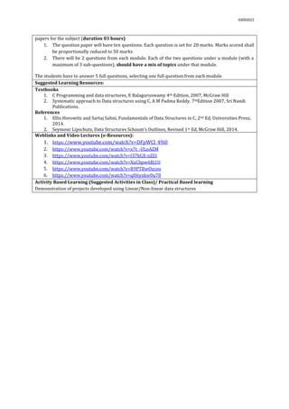 03092022
papers for the subject (duration 03 hours)
1. The question paper will have ten questions. Each question is set for 20 marks. Marks scored shall
be proportionally reduced to 50 marks
2. There will be 2 questions from each module. Each of the two questions under a module (with a
maximum of 3 sub-questions), should have a mix of topics under that module.
The students have to answer 5 full questions, selecting one full question from each module.
Suggested Learning Resources:
Textbooks
1. C Programming and data structures, E Balaguruswamy 4th Edition, 2007, McGraw Hill
2. Systematic approach to Data structures using C, A M Padma Reddy, 7thEdition 2007, Sri Nandi
Publications.
References
1. Ellis Horowitz and Sartaj Sahni, Fundamentals of Data Structures in C, 2nd Ed, Universities Press,
2014.
2. Seymour Lipschutz, Data Structures Schaum’s Outlines, Revised 1st Ed, McGraw Hill, 2014.
Weblinks and Video Lectures (e-Resources):
1. https://www.youtube.com/watch?v=DFpWCl_49i0
2. https://www.youtube.com/watch?v=x7t_-ULoAZM
3. https://www.youtube.com/watch?v=I37kGX-nZEI
4. https://www.youtube.com/watch?v=XuCbpw6Bj1U
5. https://www.youtube.com/watch?v=R9PTBwOzceo
6. https://www.youtube.com/watch?v=qH6yxkw0u78
Activity Based Learning (Suggested Activities in Class)/ Practical Based learning
Demonstration of projects developed using Linear/Non-linear data structures
 