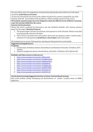03092022
The sum of three tests, two assignments, and quiz/seminar/group discussion will be out of 100 marks
and will be scaled down to 50 marks
(to have less stressed CIE, the portion of the syllabus should not be common /repeated for any of the
methods of the CIE. Each method of CIE should have a different syllabus portion of the course).
CIE methods /question paper has to be designed to attain the different levels of Bloom’s taxonomy
as per the outcome defined for the course.
Semester End Examination:
Theory SEE will be conducted by University as per the scheduled timetable, with common question
papers for the subject (duration 03 hours)
1. The question paper will have ten questions. Each question is set for 20 marks. Marks scored shall
be proportionally reduced to 50 marks
2. There will be 2 questions from each module. Each of the two questions under a module (with a
maximum of 3 sub-questions), should have a mix of topics under that module.
The students have to answer 5 full questions, selecting one full question from each module.
Suggested Learning Resources:
Textbooks
1. Fundamentals of Database Systems, RamezElmasri and Shamkant B. Navathe, 7th Edition, 2017,
Pearson.
2. Database management systems, Ramakrishnan, and Gehrke, 3rd Edition, 2014, McGraw Hill
Weblinks and Video Lectures (e-Resources):
1. https://www.youtube.com/watch?v=3EJlovevfcA
2. https://www.youtube.com/watch?v=9TwMRs3qTcU
3. https://www.youtube.com/watch?v=ZWl0Xow304I
4. https://www.youtube.com/watch?v=4YilEjkNPrQ
5. https://www.youtube.com/watch?v=CZTkgMoqVss
6. https://www.youtube.com/watch?v=Hl4NZB1XR9c
7. https://www.youtube.com/watch?v=EGEwkad_llA
8. https://www.youtube.com/watch?v=t5hsV9lC1rU
Activity Based Learning (Suggested Activities in Class)/ Practical Based learning
Real world problem solving: Developing and demonstration of models / projects based on DBMS
application
 