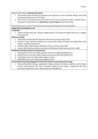 03092022
papers for the subject (duration 03 hours)
1. The question paper will have ten questions. Each question is set for 20 marks. Marks scored shall
be proportionally reduced to 50 marks
2. There will be 2 questions from each module. Each of the two questions under a module (with a
maximum of 3 sub-questions), should have a mix of topics under that module.
The students have to answer 5 full questions, selecting one full question from each module.
Suggested Learning Resources:
Textbooks
1. Charles H Roth and Larry L Kinney, Raghunandan G H Analog and Digital Electronics, Cengage
Learning,2019
Reference Books
1. Anil K Maini, Varsha Agarwal, Electronic Devices and Circuits, Wiley, 2012.
2. Donald P Leach, Albert Paul Malvino & Goutam Saha, Digital Principles and Applications, 8th
Edition, Tata McGraw Hill, 2015.
3. M. Morris Mani, Digital Design, 4th Edition, Pearson Prentice Hall, 2008.
4. David A. Bell, Electronic Devices and Circuits, 5th Edition, Oxford University Press, 2008
Weblinks and Video Lectures (e-Resources):
1. Analog Electronic Circuits: https://nptel.ac.in/courses/108/102/108102112/
2. Digital Electronic Circuits: https://nptel.ac.in/courses/108/105/108105132/
3. Analog Electronics Lab: http://vlabs.iitkgp.ac.in/be/
4. Digital Electronics Lab: http://vlabs.iitkgp.ac.in/dec
Activity Based Learning (Suggested Activities in Class)/ Practical Based learning
1. Real world problem solving - applying the design concepts of oscillator, amplifier, switch, Digital
circuits using Opamps, 555 timer, transistor, Digital ICs and design a application like tone
generator, temperature sensor, digital clock, dancing lights etc.
 