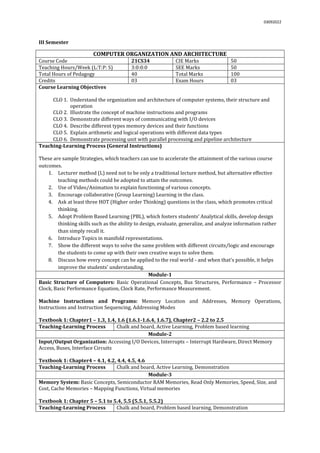 03092022
III Semester
COMPUTER ORGANIZATION AND ARCHITECTURE
Course Code 21CS34 CIE Marks 50
Teaching Hours/Week (L:T:P: S) 3:0:0:0 SEE Marks 50
Total Hours of Pedagogy 40 Total Marks 100
Credits 03 Exam Hours 03
Course Learning Objectives
CLO 1. Understand the organization and architecture of computer systems, their structure and
operation
CLO 2. Illustrate the concept of machine instructions and programs
CLO 3. Demonstrate different ways of communicating with I/O devices
CLO 4. Describe different types memory devices and their functions
CLO 5. Explain arithmetic and logical operations with different data types
CLO 6. Demonstrate processing unit with parallel processing and pipeline architecture
Teaching-Learning Process (General Instructions)
These are sample Strategies, which teachers can use to accelerate the attainment of the various course
outcomes.
1. Lecturer method (L) need not to be only a traditional lecture method, but alternative effective
teaching methods could be adopted to attain the outcomes.
2. Use of Video/Animation to explain functioning of various concepts.
3. Encourage collaborative (Group Learning) Learning in the class.
4. Ask at least three HOT (Higher order Thinking) questions in the class, which promotes critical
thinking.
5. Adopt Problem Based Learning (PBL), which fosters students’ Analytical skills, develop design
thinking skills such as the ability to design, evaluate, generalize, and analyze information rather
than simply recall it.
6. Introduce Topics in manifold representations.
7. Show the different ways to solve the same problem with different circuits/logic and encourage
the students to come up with their own creative ways to solve them.
8. Discuss how every concept can be applied to the real world - and when that's possible, it helps
improve the students' understanding.
Module-1
Basic Structure of Computers: Basic Operational Concepts, Bus Structures, Performance – Processor
Clock, Basic Performance Equation, Clock Rate, Performance Measurement.
Machine Instructions and Programs: Memory Location and Addresses, Memory Operations,
Instructions and Instruction Sequencing, Addressing Modes
Textbook 1: Chapter1 – 1.3, 1.4, 1.6 (1.6.1-1.6.4, 1.6.7), Chapter2 – 2.2 to 2.5
Teaching-Learning Process Chalk and board, Active Learning, Problem based learning
Module-2
Input/Output Organization: Accessing I/O Devices, Interrupts – Interrupt Hardware, Direct Memory
Access, Buses, Interface Circuits
Textbook 1: Chapter4 – 4.1, 4.2, 4.4, 4.5, 4.6
Teaching-Learning Process Chalk and board, Active Learning, Demonstration
Module-3
Memory System: Basic Concepts, Semiconductor RAM Memories, Read Only Memories, Speed, Size, and
Cost, Cache Memories – Mapping Functions, Virtual memories
Textbook 1: Chapter 5 – 5.1 to 5.4, 5.5 (5.5.1, 5.5.2)
Teaching-Learning Process Chalk and board, Problem based learning, Demonstration
 