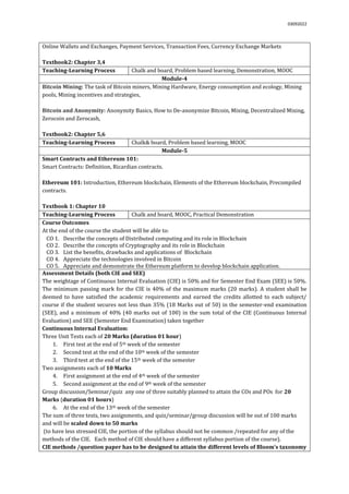 03092022
Online Wallets and Exchanges, Payment Services, Transaction Fees, Currency Exchange Markets
Textbook2: Chapter 3,4
Teaching-Learning Process Chalk and board, Problem based learning, Demonstration, MOOC
Module-4
Bitcoin Mining: The task of Bitcoin miners, Mining Hardware, Energy consumption and ecology, Mining
pools, Mining incentives and strategies,
Bitcoin and Anonymity: Anonymity Basics, How to De-anonymize Bitcoin, Mixing, Decentralized Mixing,
Zerocoin and Zerocash,
Textbook2: Chapter 5,6
Teaching-Learning Process Chalk& board, Problem based learning, MOOC
Module-5
Smart Contracts and Ethereum 101:
Smart Contracts: Definition, Ricardian contracts.
Ethereum 101: Introduction, Ethereum blockchain, Elements of the Ethereum blockchain, Precompiled
contracts.
Textbook 1: Chapter 10
Teaching-Learning Process Chalk and board, MOOC, Practical Demonstration
Course Outcomes
At the end of the course the student will be able to:
CO 1. Describe the concepts of Distributed computing and its role in Blockchain
CO 2. Describe the concepts of Cryptography and its role in Blockchain
CO 3. List the benefits, drawbacks and applications of Blockchain
CO 4. Appreciate the technologies involved in Bitcoin
CO 5. Appreciate and demonstrate the Ethereum platform to develop blockchain application.
Assessment Details (both CIE and SEE)
The weightage of Continuous Internal Evaluation (CIE) is 50% and for Semester End Exam (SEE) is 50%.
The minimum passing mark for the CIE is 40% of the maximum marks (20 marks). A student shall be
deemed to have satisfied the academic requirements and earned the credits allotted to each subject/
course if the student secures not less than 35% (18 Marks out of 50) in the semester-end examination
(SEE), and a minimum of 40% (40 marks out of 100) in the sum total of the CIE (Continuous Internal
Evaluation) and SEE (Semester End Examination) taken together
Continuous Internal Evaluation:
Three Unit Tests each of 20 Marks (duration 01 hour)
1. First test at the end of 5th week of the semester
2. Second test at the end of the 10th week of the semester
3. Third test at the end of the 15th week of the semester
Two assignments each of 10 Marks
4. First assignment at the end of 4th week of the semester
5. Second assignment at the end of 9th week of the semester
Group discussion/Seminar/quiz any one of three suitably planned to attain the COs and POs for 20
Marks (duration 01 hours)
6. At the end of the 13th week of the semester
The sum of three tests, two assignments, and quiz/seminar/group discussion will be out of 100 marks
and will be scaled down to 50 marks
(to have less stressed CIE, the portion of the syllabus should not be common /repeated for any of the
methods of the CIE. Each method of CIE should have a different syllabus portion of the course).
CIE methods /question paper has to be designed to attain the different levels of Bloom’s taxonomy
 