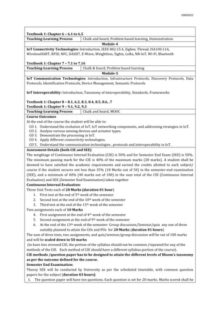 03092022
Textbook 1: Chapter 6 – 6.1 to 6.5
Teaching-Learning Process Chalk and board, Problem based learning, Demonstration
Module-4
IoT Connectivity Technologies: Introduction, IEEE 802.15.4, Zigbee, Thread, ISA100.11A,
WirelessHART, RFID, NFC, DASH7, Z-Wave, Weightless, Sigfox, LoRa, NB-IoT, Wi-Fi, Bluetooth
Textbook 1: Chapter 7 – 7.1 to 7.16
Teaching-Learning Process Chalk & board, Problem based learning
Module-5
IoT Communication Technologies: Introduction, Infrastructure Protocols, Discovery Protocols, Data
Protocols, Identification Protocols, Device Management, Semantic Protocols
IoT Interoperability: Introduction, Taxonomy of interoperability, Standards, Frameworks
Textbook 1: Chapter 8 – 8.1, 6.2, 8.3, 8.4, 8.5, 8.6, .7
Textbook 1: Chapter 9 – 9.1, 9.2, 9.3
Teaching-Learning Process Chalk and board, MOOC
Course Outcomes
At the end of the course the student will be able to:
CO 1. Understand the evolution of IoT, IoT networking components, and addressing strategies in IoT.
CO 2. Analyze various sensing devices and actuator types.
CO 3. Demonstrate the processing in IoT.
CO 4. Apply different connectivity technologies.
CO 5. Understand the communication technologies , protocols and interoperability in IoT.
Assessment Details (both CIE and SEE)
The weightage of Continuous Internal Evaluation (CIE) is 50% and for Semester End Exam (SEE) is 50%.
The minimum passing mark for the CIE is 40% of the maximum marks (20 marks). A student shall be
deemed to have satisfied the academic requirements and earned the credits allotted to each subject/
course if the student secures not less than 35% (18 Marks out of 50) in the semester-end examination
(SEE), and a minimum of 40% (40 marks out of 100) in the sum total of the CIE (Continuous Internal
Evaluation) and SEE (Semester End Examination) taken together
Continuous Internal Evaluation:
Three Unit Tests each of 20 Marks (duration 01 hour)
1. First test at the end of 5th week of the semester
2. Second test at the end of the 10th week of the semester
3. Third test at the end of the 15th week of the semester
Two assignments each of 10 Marks
4. First assignment at the end of 4th week of the semester
5. Second assignment at the end of 9th week of the semester
6. At the end of the 13th week of the semester- Group discussion/Seminar/quiz any one of three
suitably planned to attain the COs and POs for 20 Marks (duration 01 hours)
The sum of three tests, two assignments, and quiz/seminar/group discussion will be out of 100 marks
and will be scaled down to 50 marks
(to have less stressed CIE, the portion of the syllabus should not be common /repeated for any of the
methods of the CIE. Each method of CIE should have a different syllabus portion of the course).
CIE methods /question paper has to be designed to attain the different levels of Bloom’s taxonomy
as per the outcome defined for the course.
Semester End Examination:
Theory SEE will be conducted by University as per the scheduled timetable, with common question
papers for the subject (duration 03 hours)
1. The question paper will have ten questions. Each question is set for 20 marks. Marks scored shall be
 