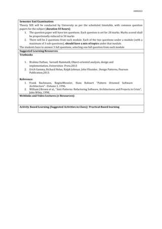03092022
Semester End Examination:
Theory SEE will be conducted by University as per the scheduled timetable, with common question
papers for the subject (duration 03 hours)
1. The question paper will have ten questions. Each question is set for 20 marks. Marks scored shall
be proportionally reduced to 50 marks
2. There will be 2 questions from each module. Each of the two questions under a module (with a
maximum of 3 sub-questions), should have a mix of topics under that module.
The students have to answer 5 full questions, selecting one full question from each module.
Suggested Learning Resources:
Textbooks
1. Brahma Dathan, Sarnath Rammath, Object-oriented analysis, design and
implementation, Universities Press,2013
2. Erich Gamma, Richard Helan, Ralph Johman, John Vlissides , Design Patterns, Pearson
Publication,2013.
Reference:
1. Frank Bachmann, RegineMeunier, Hans Rohnert “Pattern Oriented Software
Architecture” –Volume 1, 1996.
2. William J Brown et al., "Anti-Patterns: Refactoring Software, Architectures and Projects in Crisis",
John Wiley, 1998.
Weblinks and Video Lectures (e-Resources):
Activity Based Learning (Suggested Activities in Class)/ Practical Based learning
 