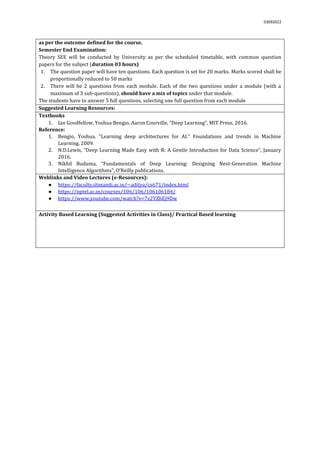 03092022
as per the outcome defined for the course.
Semester End Examination:
Theory SEE will be conducted by University as per the scheduled timetable, with common question
papers for the subject (duration 03 hours)
1. The question paper will have ten questions. Each question is set for 20 marks. Marks scored shall be
proportionally reduced to 50 marks
2. There will be 2 questions from each module. Each of the two questions under a module (with a
maximum of 3 sub-questions), should have a mix of topics under that module.
The students have to answer 5 full questions, selecting one full question from each module.
Suggested Learning Resources:
Textbooks
1. Ian Goodfellow, Yoshua Bengio, Aaron Courville, “Deep Learning”, MIT Press, 2016.
Reference:
1. Bengio, Yoshua. "Learning deep architectures for AI." Foundations and trends in Machine
Learning, 2009.
2. N.D.Lewis, “Deep Learning Made Easy with R: A Gentle Introduction for Data Science”, January
2016.
3. Nikhil Buduma, “Fundamentals of Deep Learning: Designing Next-Generation Machine
Intelligence Algorithms”, O’Reilly publications.
Weblinks and Video Lectures (e-Resources):
● https://faculty.iitmandi.ac.in/~aditya/cs671/index.html
● https://nptel.ac.in/courses/106/106/106106184/
● https://www.youtube.com/watch?v=7x2YZhEj9Dw
Activity Based Learning (Suggested Activities in Class)/ Practical Based learning
 