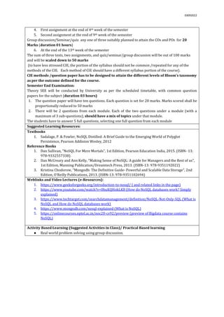 03092022
4. First assignment at the end of 4th week of the semester
5. Second assignment at the end of 9th week of the semester
Group discussion/Seminar/quiz any one of three suitably planned to attain the COs and POs for 20
Marks (duration 01 hours)
6. At the end of the 13th week of the semester
The sum of three tests, two assignments, and quiz/seminar/group discussion will be out of 100 marks
and will be scaled down to 50 marks
(to have less stressed CIE, the portion of the syllabus should not be common /repeated for any of the
methods of the CIE. Each method of CIE should have a different syllabus portion of the course).
CIE methods /question paper has to be designed to attain the different levels of Bloom’s taxonomy
as per the outcome defined for the course.
Semester End Examination:
Theory SEE will be conducted by University as per the scheduled timetable, with common question
papers for the subject (duration 03 hours)
1. The question paper will have ten questions. Each question is set for 20 marks. Marks scored shall be
proportionally reduced to 50 marks
2. There will be 2 questions from each module. Each of the two questions under a module (with a
maximum of 3 sub-questions), should have a mix of topics under that module.
The students have to answer 5 full questions, selecting one full question from each module.
Suggested Learning Resources:
Textbooks
1. Sadalage, P. & Fowler, NoSQL Distilled: A Brief Guide to the Emerging World of Polyglot
Persistence, Pearson Addision Wesley, 2012
Reference Books
1. Dan Sullivan, "NoSQL For Mere Mortals", 1st Edition, Pearson Education India, 2015. (ISBN- 13:
978-9332557338)
2. Dan McCreary and Ann Kelly, "Making Sense of NoSQL: A guide for Managers and the Rest of us",
1st Edition, Manning Publication/Dreamtech Press, 2013. (ISBN-13: 978-9351192022)
3. Kristina Chodorow, "Mongodb: The Definitive Guide- Powerful and Scalable Data Storage", 2nd
Edition, O'Reilly Publications, 2013. (ISBN-13: 978-9351102694)
Weblinks and Video Lectures (e-Resources):
1. https://www.geeksforgeeks.org/introduction-to-nosql/ ( and related links in the page)
2. https://www.youtube.com/watch?v=0buKQHokLK8 (How do NoSQL databases work? Simply
explained)
3. https://www.techtarget.com/searchdatamanagement/definition/NoSQL-Not-Only-SQL (What is
NoSQL and How do NoSQL databases work)
4. https://www.mongodb.com/nosql-explained (What is NoSQL)
5. https://onlinecourses.nptel.ac.in/noc20-cs92/preview (preview of Bigdata course contains
NoSQL)
Activity Based Learning (Suggested Activities in Class)/ Practical Based learning
● Real world problem solving using group discussion.
 