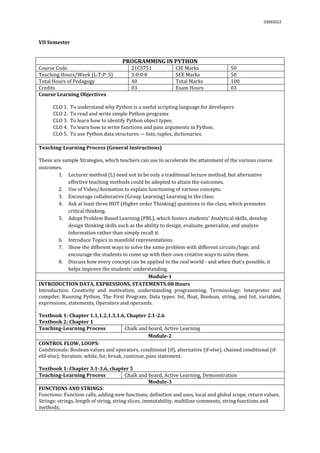 03092022
VII Semester
PROGRAMMING IN PYTHON
Course Code 21CS751 CIE Marks 50
Teaching Hours/Week (L:T:P: S) 3:0:0:0 SEE Marks 50
Total Hours of Pedagogy 40 Total Marks 100
Credits 03 Exam Hours 03
Course Learning Objectives
CLO 1. To understand why Python is a useful scripting language for developers
CLO 2. To read and write simple Python programs
CLO 3. To learn how to identify Python object types.
CLO 4. To learn how to write functions and pass arguments in Python.
CLO 5. To use Python data structures –- lists, tuples, dictionaries.
Teaching-Learning Process (General Instructions)
These are sample Strategies, which teachers can use to accelerate the attainment of the various course
outcomes.
1. Lecturer method (L) need not to be only a traditional lecture method, but alternative
effective teaching methods could be adopted to attain the outcomes.
2. Use of Video/Animation to explain functioning of various concepts.
3. Encourage collaborative (Group Learning) Learning in the class.
4. Ask at least three HOT (Higher order Thinking) questions in the class, which promotes
critical thinking.
5. Adopt Problem Based Learning (PBL), which fosters students’ Analytical skills, develop
design thinking skills such as the ability to design, evaluate, generalize, and analyze
information rather than simply recall it.
6. Introduce Topics in manifold representations.
7. Show the different ways to solve the same problem with different circuits/logic and
encourage the students to come up with their own creative ways to solve them.
8. Discuss how every concept can be applied to the real world - and when that's possible, it
helps improve the students' understanding.
Module-1
INTRODUCTION DATA, EXPRESSIONS, STATEMENTS:08 Hours
Introduction: Creativity and motivation, understanding programming, Terminology: Interpreter and
compiler, Running Python, The First Program; Data types: Int, float, Boolean, string, and list, variables,
expressions, statements, Operators and operands.
Textbook 1: Chapter 1.1,1.2,1.3,1.6, Chapter 2.1-2.6
Textbook 2: Chapter 1
Teaching-Learning Process Chalk and board, Active Learning
Module-2
CONTROL FLOW, LOOPS:
Conditionals: Boolean values and operators, conditional (if), alternative (if-else), chained conditional (if-
elif-else); Iteration: while, for, break, continue, pass statement.
Textbook 1: Chapter 3.1-3.6, chapter 5
Teaching-Learning Process Chalk and board, Active Learning, Demonstration
Module-3
FUNCTIONS AND STRINGS:
Functions: Function calls, adding new functions, definition and uses, local and global scope, return values.
Strings: strings, length of string, string slices, immutability, multiline comments, string functions and
methods;
 