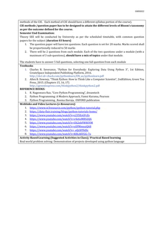 03092022
methods of the CIE. Each method of CIE should have a different syllabus portion of the course).
CIE methods /question paper has to be designed to attain the different levels of Bloom’s taxonomy
as per the outcome defined for the course.
Semester End Examination:
Theory SEE will be conducted by University as per the scheduled timetable, with common question
papers for the subject (duration 03 hours)
1. The question paper will have ten questions. Each question is set for 20 marks. Marks scored shall
be proportionally reduced to 50 marks
2. There will be 2 questions from each module. Each of the two questions under a module (with a
maximum of 3 sub-questions), should have a mix of topics under that module.
The students have to answer 5 full questions, selecting one full question from each module.
Textbooks
1. Charles R. Severance, “Python for Everybody: Exploring Data Using Python 3”, 1st Edition,
CreateSpace Independent Publishing Platform, 2016.
http://do1.dr-chuck.com/pythonlearn/EN_us/pythonlearn.pdf
2. Allen B. Downey, "Think Python: How to Think Like a Computer Scientist”, 2ndEdition, Green Tea
Press, 2015. (Chapters 15, 16, 17)
http://greenteapress.com/thinkpython2/thinkpython2.pdf
REFERENCE BOOKS:
1. R. Nageswara Rao, “Core Python Programming”, dreamtech
2. Python Programming: A Modern Approach, Vamsi Kurama, Pearson
3. Python Programming , Reema theraja, OXFORD publication
Weblinks and Video Lectures (e-Resources):
1. https://www.w3resource.com/python/python-tutorial.php
2. https://data-flair.training/blogs/python-tutorials-home/
3. https://www.youtube.com/watch?v=c235EsGFcZs
4. https://www.youtube.com/watch?v=v4e6oMRS2QA
5. https://www.youtube.com/watch?v=Uh2ebFW8OYM
6. https://www.youtube.com/watch?v=oSPMmeaiQ68
7. https://www.youtube.com/watch?v=_uQrJ0TkZlc
8. https://www.youtube.com/watch?v=K8L6KVGG-7o
Activity Based Learning (Suggested Activities in Class)/ Practical Based learning
Real world problem solving: Demonstration of projects developed using python language
 